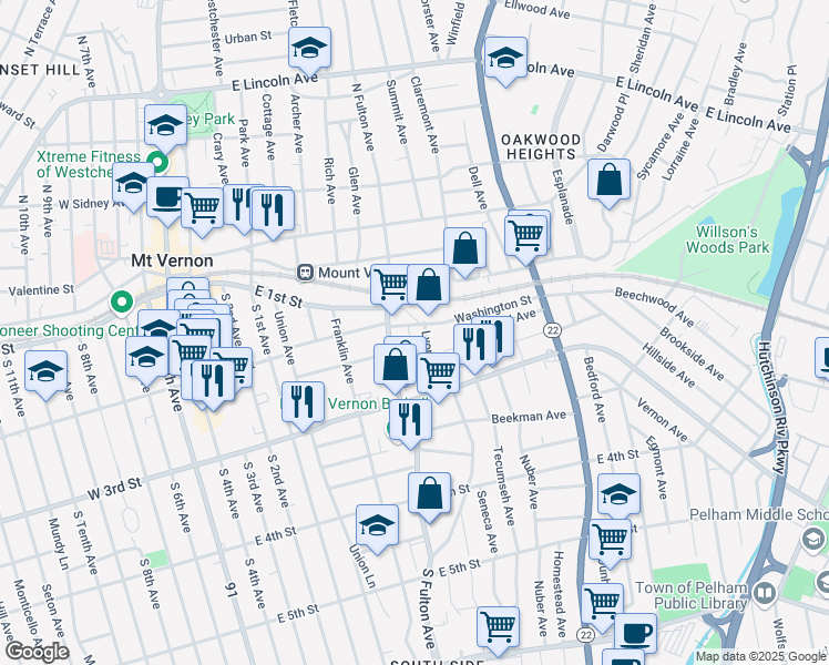 map of restaurants, bars, coffee shops, grocery stores, and more near 233 Washington Street in Mount Vernon