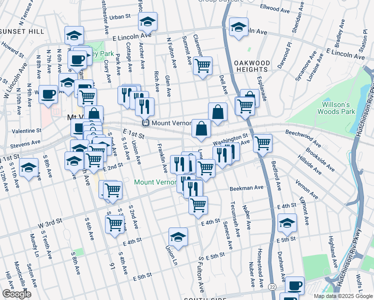 map of restaurants, bars, coffee shops, grocery stores, and more near 7 South Fulton Avenue in Mount Vernon