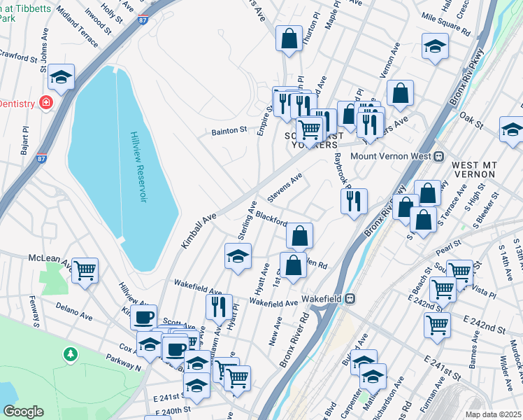 map of restaurants, bars, coffee shops, grocery stores, and more near 239 Sterling Avenue in Yonkers