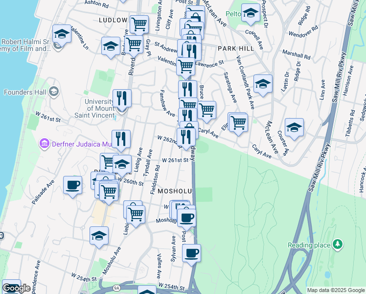 map of restaurants, bars, coffee shops, grocery stores, and more near in The Bronx