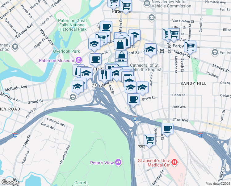 map of restaurants, bars, coffee shops, grocery stores, and more near 68 Marshall Street in Paterson