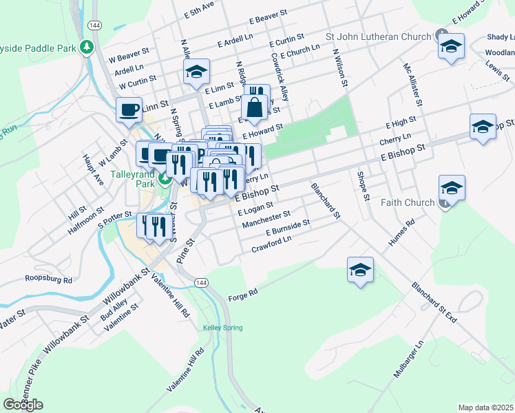 map of restaurants, bars, coffee shops, grocery stores, and more near 224 Bishop Street in Bellefonte