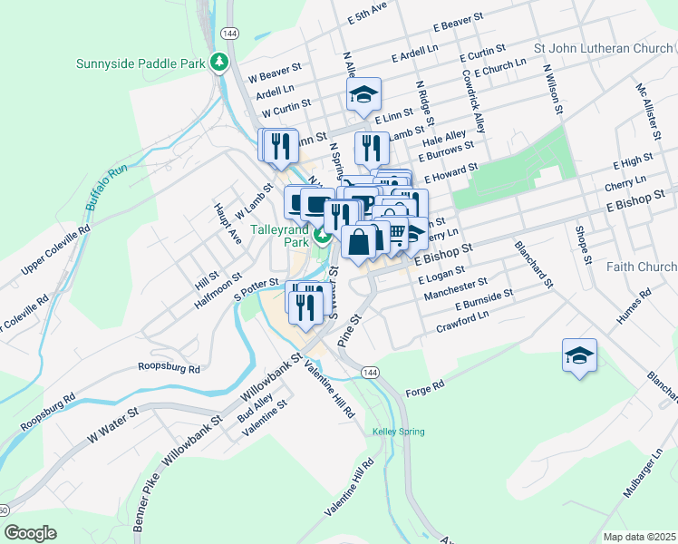 map of restaurants, bars, coffee shops, grocery stores, and more near 222 West High Street in Bellefonte