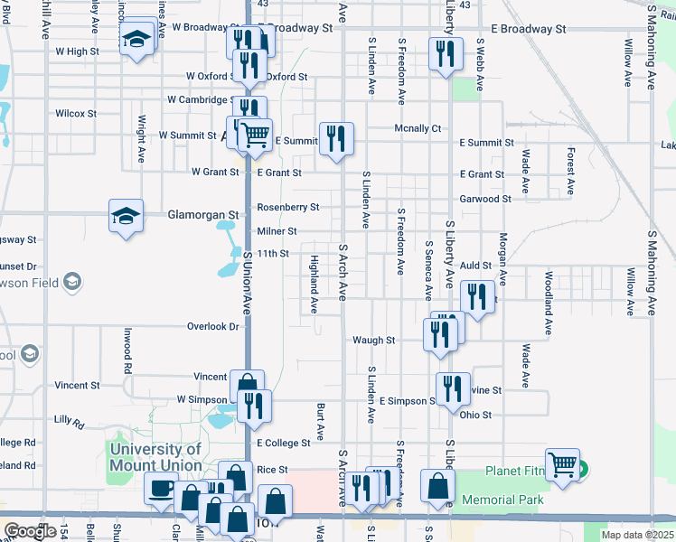 map of restaurants, bars, coffee shops, grocery stores, and more near 225 11th Street in Alliance