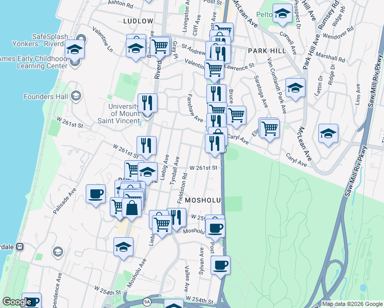map of restaurants, bars, coffee shops, grocery stores, and more near 6126 Fieldston Road in The Bronx