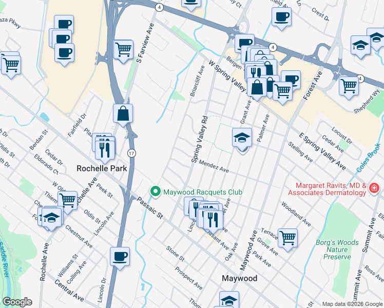 map of restaurants, bars, coffee shops, grocery stores, and more near 751 Spring Valley Road in Maywood