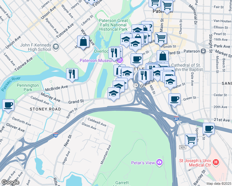 map of restaurants, bars, coffee shops, grocery stores, and more near 6 Morris Street in Paterson