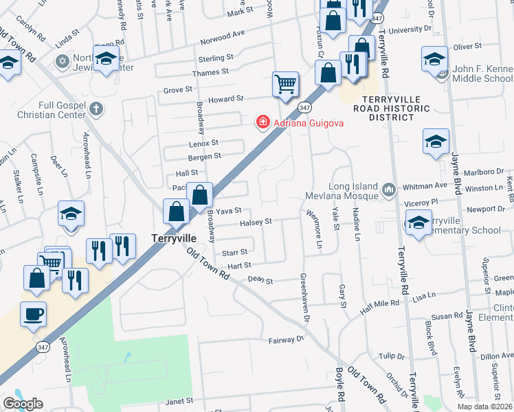 map of restaurants, bars, coffee shops, grocery stores, and more near 702 Sara Circle in Port Jefferson Station