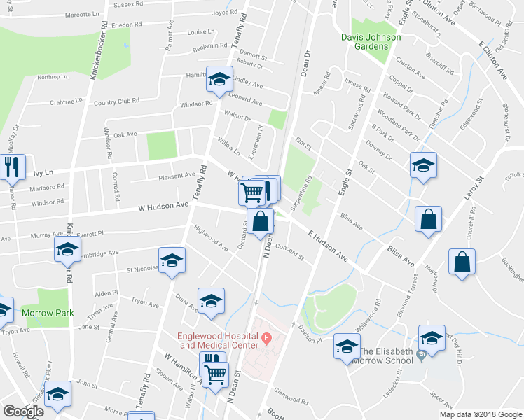 map of restaurants, bars, coffee shops, grocery stores, and more near 9 West Hudson Avenue in Englewood