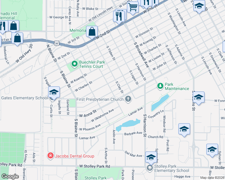 map of restaurants, bars, coffee shops, grocery stores, and more near 548-598 South Clay Street in Grand Island