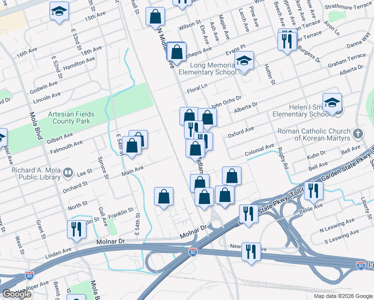 map of restaurants, bars, coffee shops, grocery stores, and more near 433 North Midland Avenue in Saddle Brook
