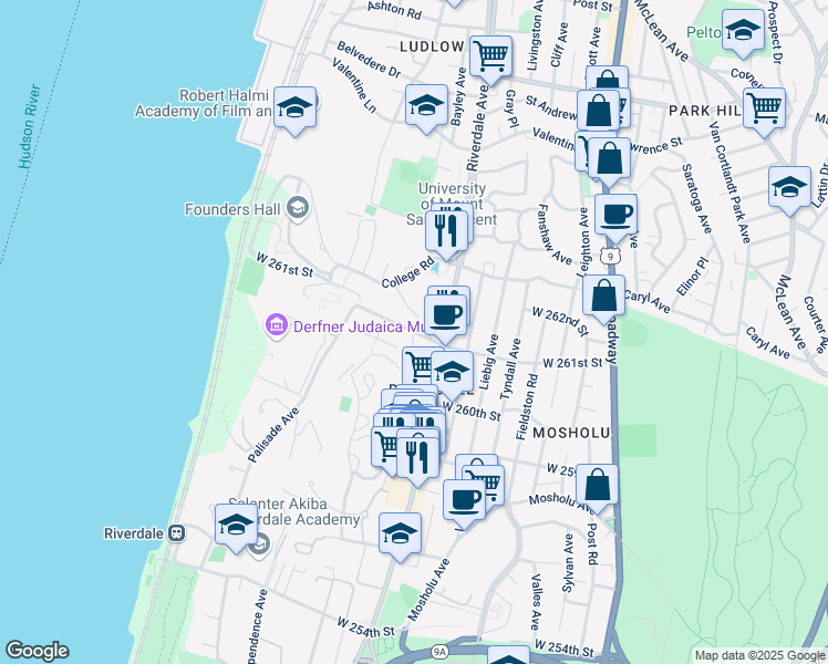 map of restaurants, bars, coffee shops, grocery stores, and more near 6645 Netherland Avenue in Bronx