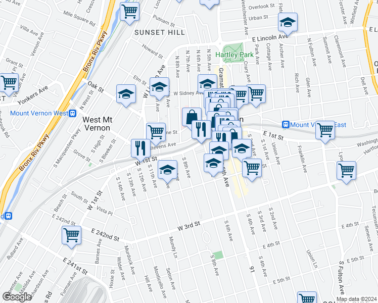 map of restaurants, bars, coffee shops, grocery stores, and more near 68 West 1st Street in Mount Vernon