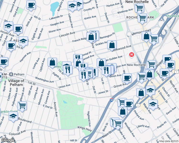 map of restaurants, bars, coffee shops, grocery stores, and more near 211 Washington Avenue in New Rochelle