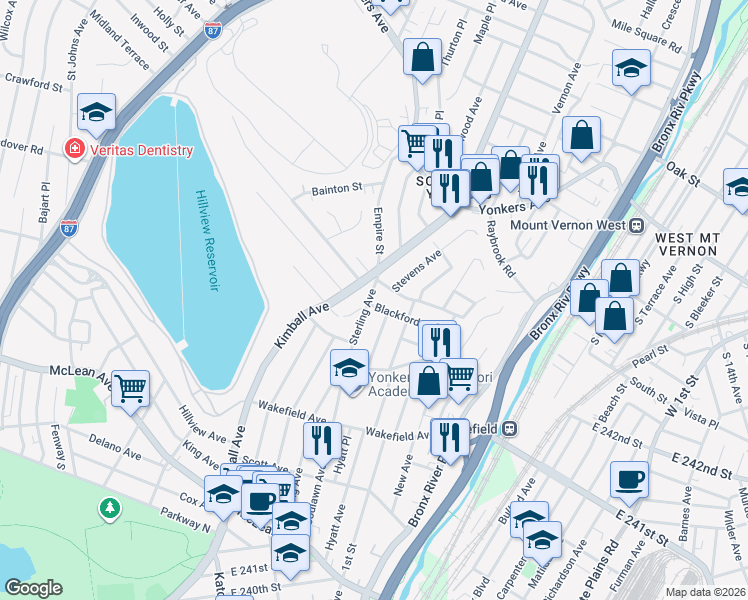 map of restaurants, bars, coffee shops, grocery stores, and more near 237 Sterling Avenue in Yonkers