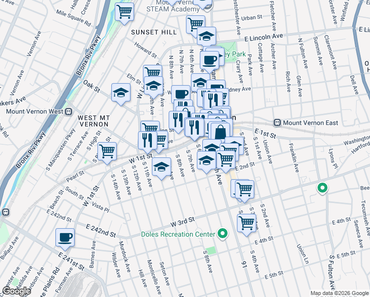 map of restaurants, bars, coffee shops, grocery stores, and more near 62 West 1st Street in Mount Vernon