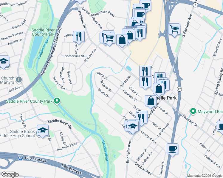 map of restaurants, bars, coffee shops, grocery stores, and more near 23 North Drive in Rochelle Park