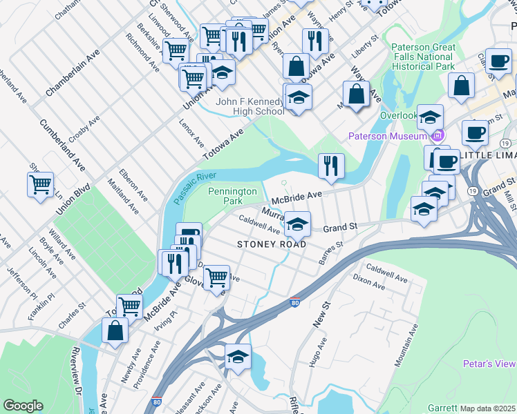 map of restaurants, bars, coffee shops, grocery stores, and more near 347 McBride Avenue in Paterson