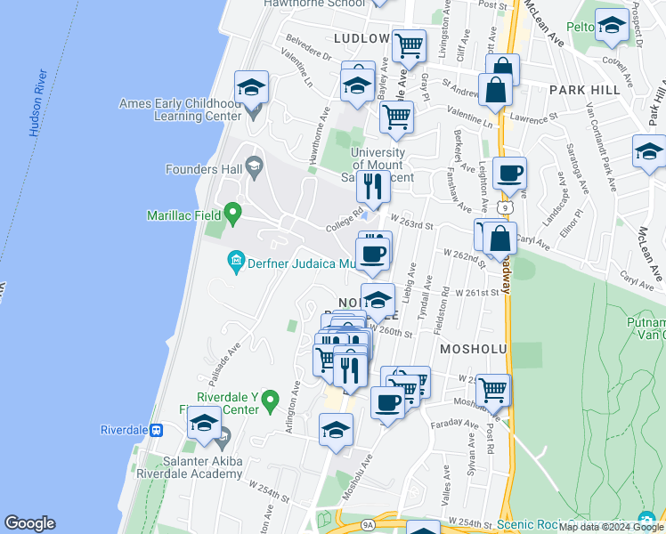 map of restaurants, bars, coffee shops, grocery stores, and more near 568 West 261st Street in Bronx