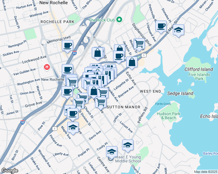 map of restaurants, bars, coffee shops, grocery stores, and more near 394 Main Street in New Rochelle