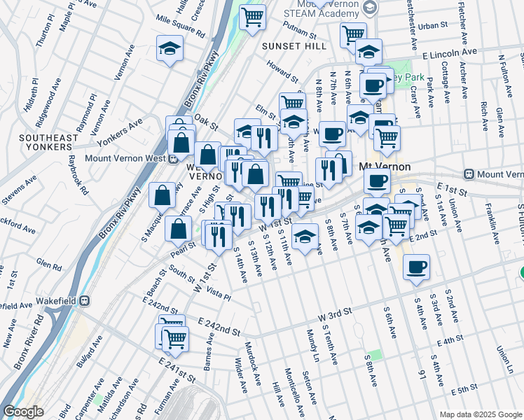 map of restaurants, bars, coffee shops, grocery stores, and more near in Mount Vernon