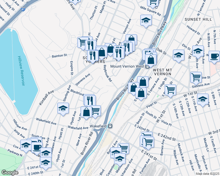 map of restaurants, bars, coffee shops, grocery stores, and more near 131 Huntsbridge Road in Yonkers