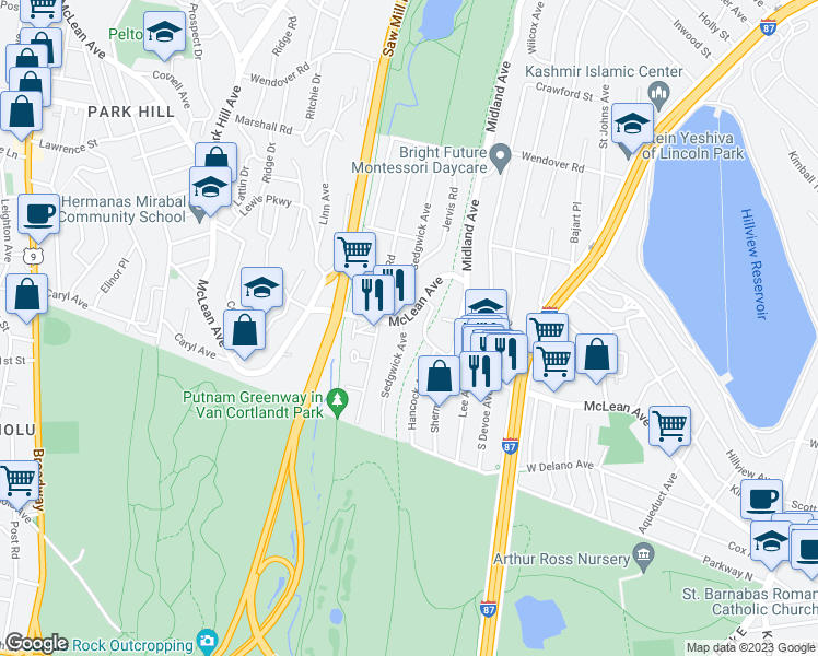 map of restaurants, bars, coffee shops, grocery stores, and more near 95 Sedgwick Avenue in Yonkers