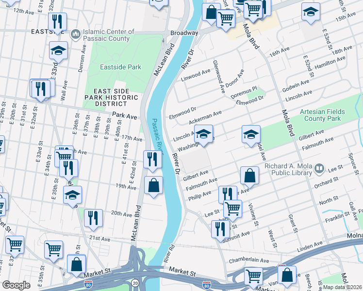 map of restaurants, bars, coffee shops, grocery stores, and more near 2 Lincoln Avenue in Elmwood Park