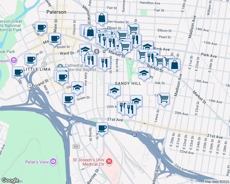 map of restaurants, bars, coffee shops, grocery stores, and more near 103 Beech Street in Paterson