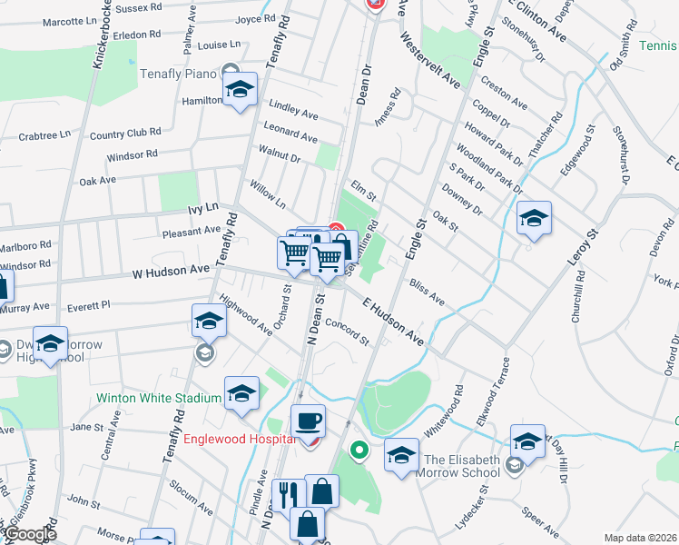 map of restaurants, bars, coffee shops, grocery stores, and more near 17 East Ivy Lane in Englewood