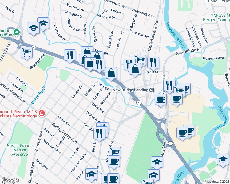 map of restaurants, bars, coffee shops, grocery stores, and more near 7 South Lake Drive in Hackensack