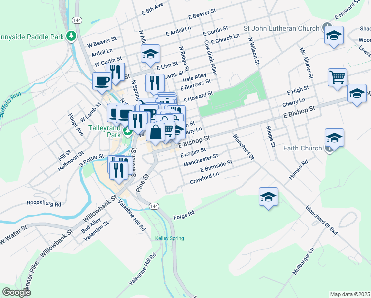 map of restaurants, bars, coffee shops, grocery stores, and more near 132 East Bishop Street in Bellefonte
