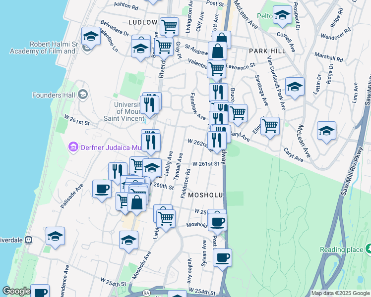 map of restaurants, bars, coffee shops, grocery stores, and more near 6139 Tyndall Avenue in Bronx
