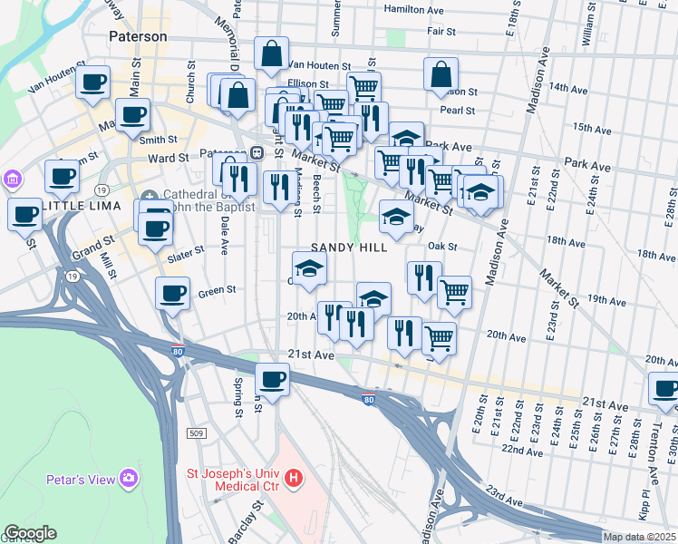 map of restaurants, bars, coffee shops, grocery stores, and more near 493 Summer Street in Paterson