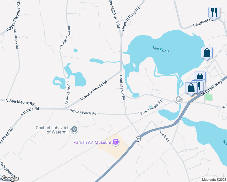 map of restaurants, bars, coffee shops, grocery stores, and more near 72 Lower 7 Ponds Road in Water Mill