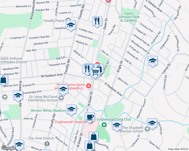 map of restaurants, bars, coffee shops, grocery stores, and more near North Dean Street & East Ivy Lane in Englewood
