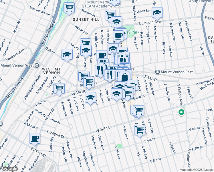 map of restaurants, bars, coffee shops, grocery stores, and more near 60 West 1st Street in Mount Vernon