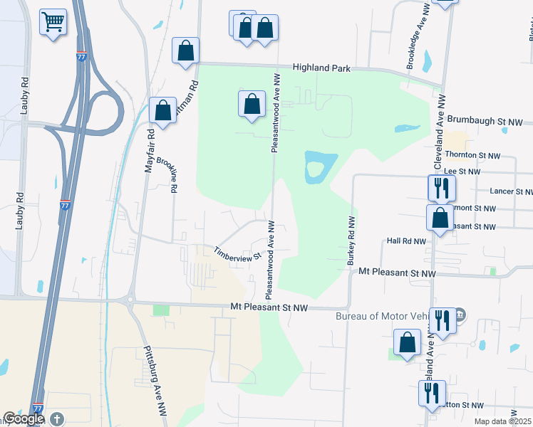 map of restaurants, bars, coffee shops, grocery stores, and more near 8681 Pleasantwood Avenue Northwest in North Canton