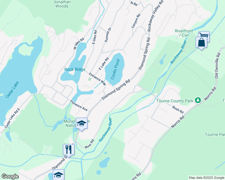 map of restaurants, bars, coffee shops, grocery stores, and more near 401 Diamond Spring Road in Denville