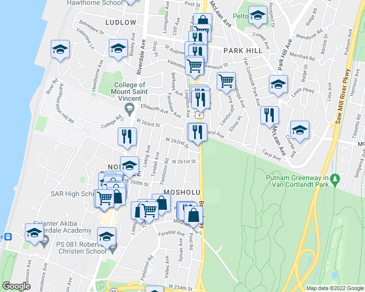 map of restaurants, bars, coffee shops, grocery stores, and more near in The Bronx