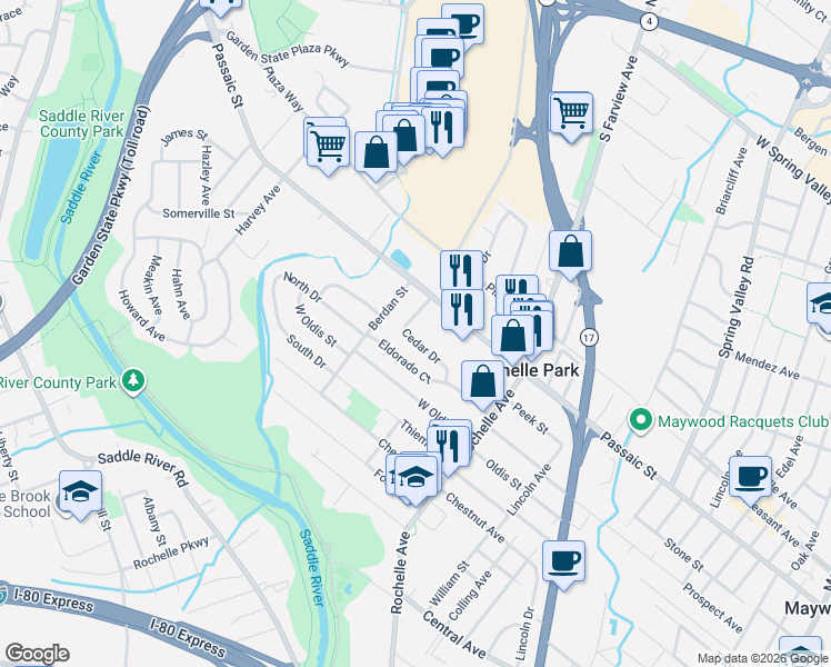 map of restaurants, bars, coffee shops, grocery stores, and more near 36 Cedar Drive in Rochelle Park