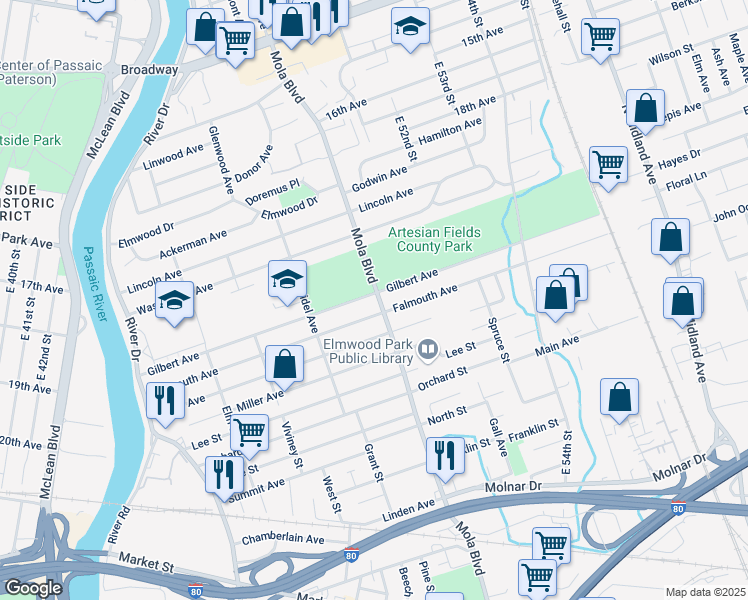 map of restaurants, bars, coffee shops, grocery stores, and more near 236 Mola Boulevard in Elmwood Park
