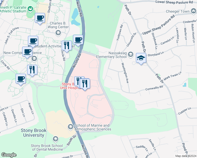 map of restaurants, bars, coffee shops, grocery stores, and more near Health Sciences Drive in Setauket- East Setauket
