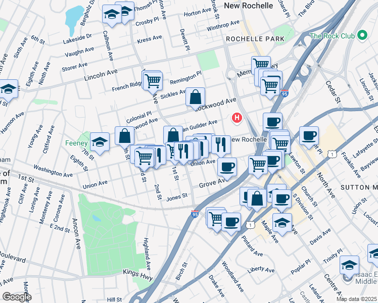 map of restaurants, bars, coffee shops, grocery stores, and more near 127 Washington Avenue in New Rochelle