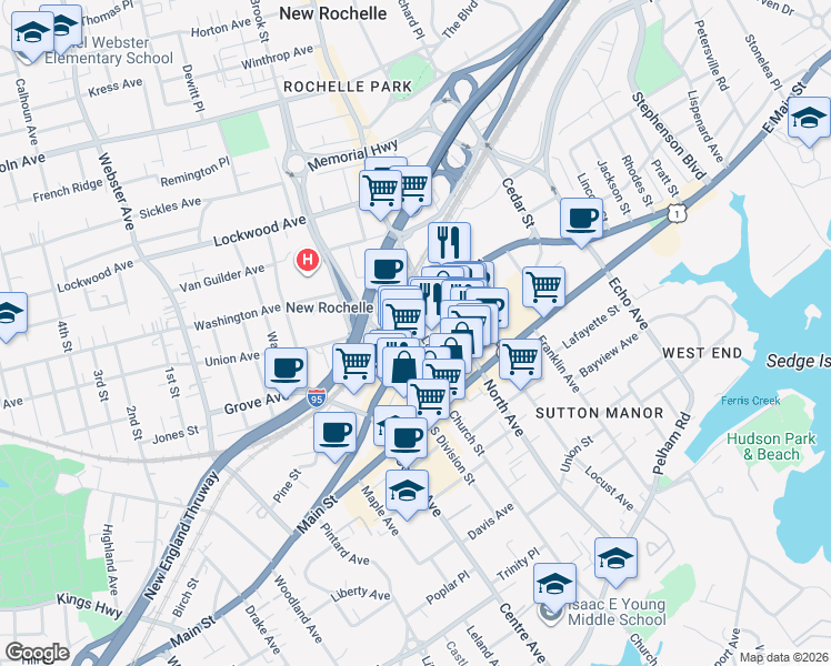 map of restaurants, bars, coffee shops, grocery stores, and more near 265 Huguenot Street in New Rochelle