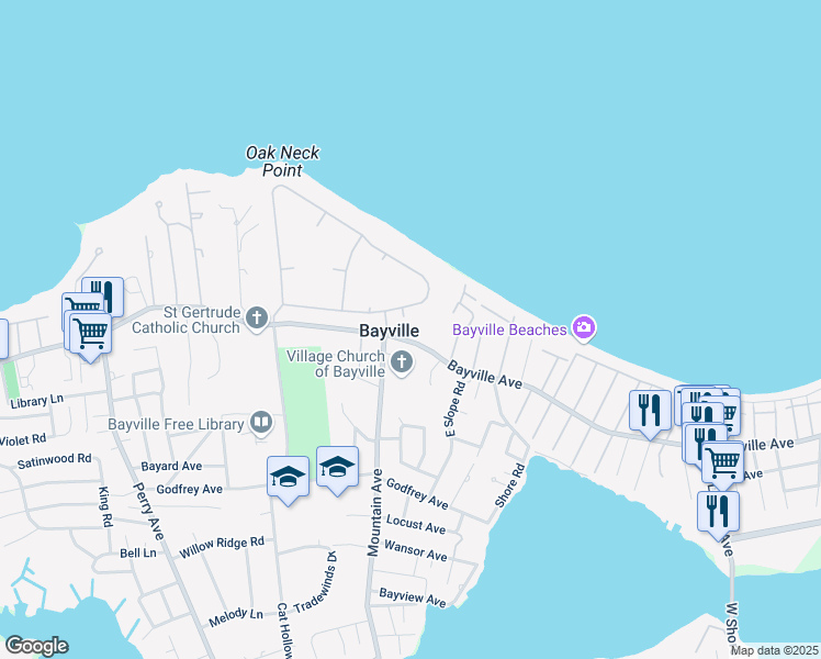 map of restaurants, bars, coffee shops, grocery stores, and more near in Bayville