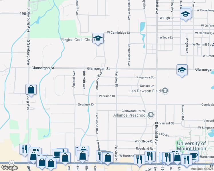 map of restaurants, bars, coffee shops, grocery stores, and more near 1170 Sunset Drive in Alliance