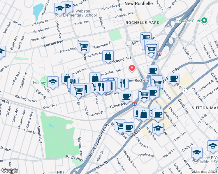 map of restaurants, bars, coffee shops, grocery stores, and more near 127 Washington Avenue in New Rochelle