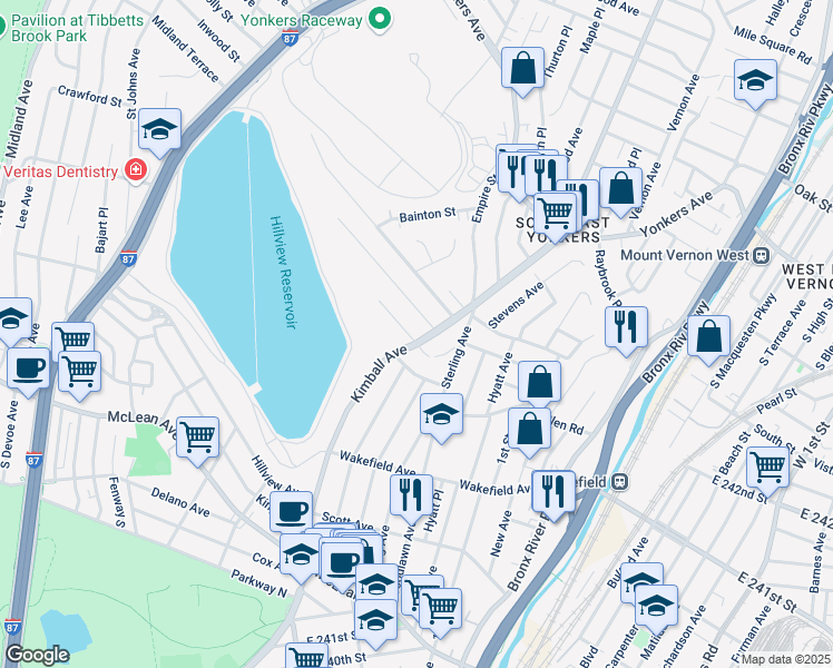 map of restaurants, bars, coffee shops, grocery stores, and more near 5 Halstead Avenue in Yonkers