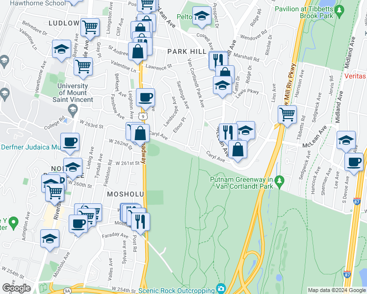 map of restaurants, bars, coffee shops, grocery stores, and more near 197 Saratoga Avenue in Yonkers